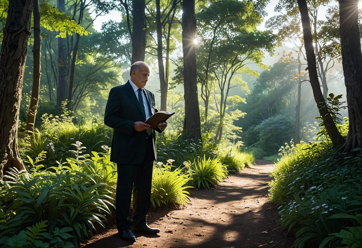 A serene landscape path winding through a lush green forest, with Dr. Phil's silhouette in the foreground, holding a medical book, radiating wisdom. The scene should convey tranquility and health, with rays of sunlight filtering through the trees, symbolizing enlightenment and well-being. Include elements like butterflies and flowers to enhance the beauty aspect. vibrant colors. super-realistic. 3D.