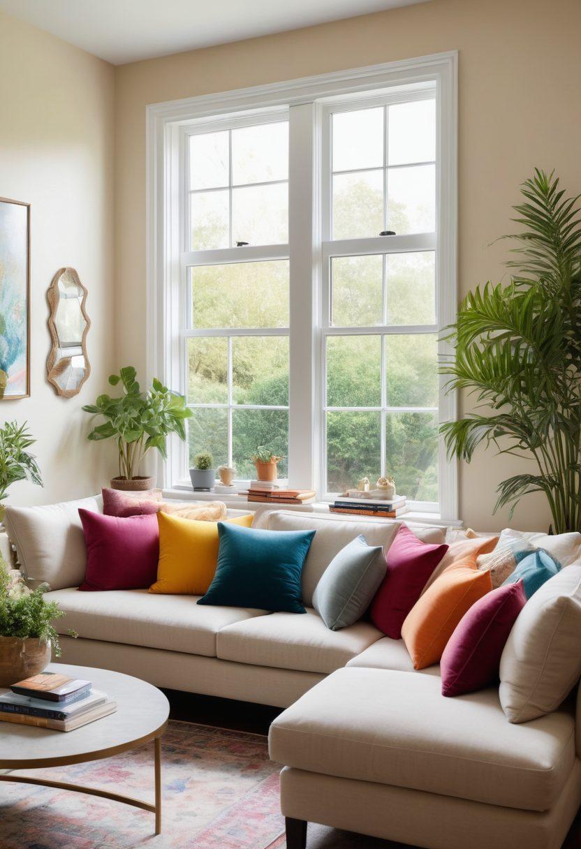 A serene and stylish living room setting featuring a plush sofa adorned with colorful cushions, an open window showcasing a sunlit garden, and a well-organized shelf containing wellness books by Dr. Phil. A graceful person practicing yoga by the window, embodying peace and well-being. Elegant decor and calming colors to evoke a sense of beauty and tranquility. super-realistic. vibrant colors. soft natural lighting.