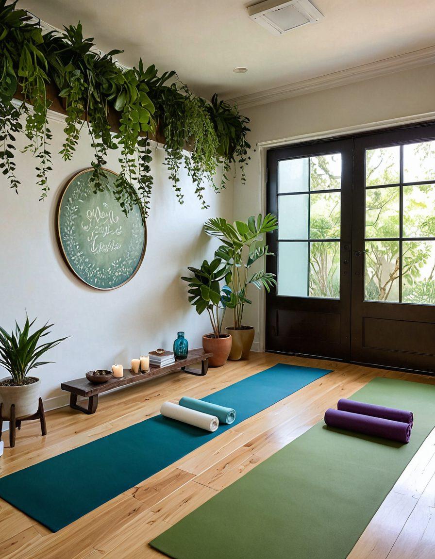 A serene wellness space featuring Dr. Phil guiding a diverse group of individuals in stylish yoga poses, surrounded by lush greenery and elegant wellness decor. Include calming elements like soft lighting, comfortable mats, and motivational quotes on the walls. Capture an atmosphere of transformation and connection. vibrant colors. super-realistic.
